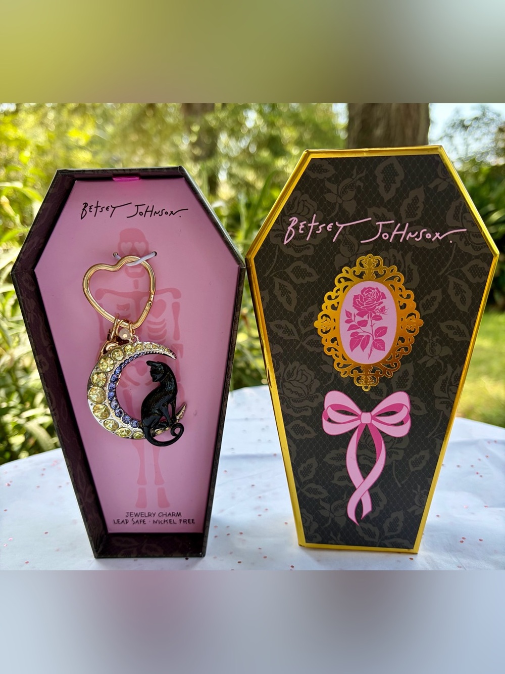 NIB BETSEY JOHNSON Black Cat on Gold Moon Keychain and/or Bag Charm w/Crystals